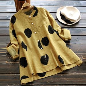 Zanzea Button Down Shirt Stilig Kvinnors Blus Vintage Bomull Linne Top Polka Dot Blusas Spring Tunika Toppar Femme Plus Storlek Y200930