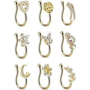 9 pz/set di Cristallo Farfalla Naso Finto Anello Non Piercing Clip On IndianStyle Cuore Polsino Nariz Gioielli 220224