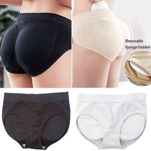 Kvinnor Svamp Vadderade Grundknappar Byxor Lady Push Up Middle Waist Padded Panties Briefs Underkläder Y220311