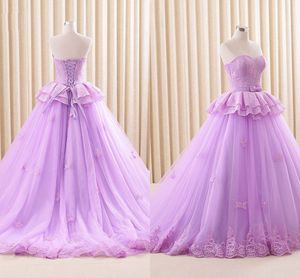 2021 Lilac Lace Quinceanera Dress Sweet 16 Girls Peplum Waist Ball Gown Strapless Corset Back Sweety Prom Vestidos De Festia Plus Size
