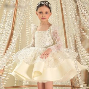 Glitter beyaz payetli çiçek kız elbise uzun kollu doğum günü düğün konuk robe de demoiselle prenses cemaat