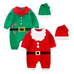 Född Baby Romper Jul Långärmad Jumpsuit Santa Claus Kostym Vinterhatt Set Boys Girl Clothes 211229