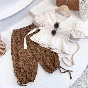 Girls Set 2pcs Summer Fall Baby Casual Clothes Short Sleeve Tops+ Leopard Long Pants Outfits for 2-7ys Toddler Fashion Wear G220310