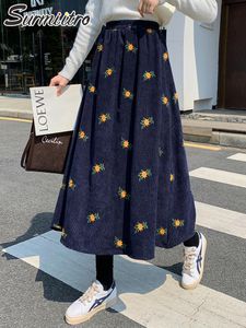 Юбки Surmiitro 2021 CORDUROY MIDI Длинная юбка Женщины осень зима Корейский цветочный вышивка средняя длина высокая талия линия женщина