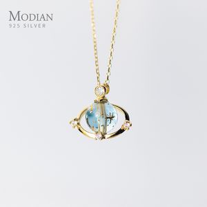 Модиана модный синий кристалл планета кулон ожерелье для женщин 100% 925 стерлингового серебра моды цепи цепи ожерелье изысканные украшения Q0531