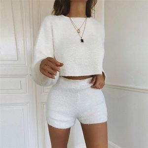 winter Soft Fluffy Tracksuits for women two pieces set solid crop top+shorts outfit fashion velvet tracksuit clothing undefined LJ201120