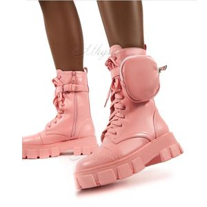 women boots2020 Herbst Winter Bootie Tasche Schnalle Rosa Chunky Sole Beutel Stiefeletten Glänzendes Leder Patchwork Ankunft Plattform Stiefel