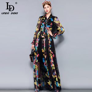 LD Linda Della Runway Maxi Dress Plus 크기 여성 긴 소매 활 칼라 빈티지 플로랄 프린트 시폰 파티 휴일 긴 드레스 201204