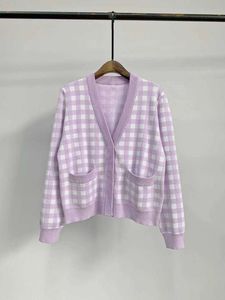 2021 primavera manica lunga scollo a V lavanda scozzese lavorato a maglia con pannelli cardigan corto maglioni cappotto moda donna J23161137