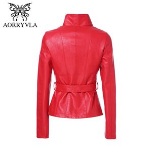 Aorryvla 새로운 봄 여성 가죽 자켓 붉은 색 턴 다운 칼라 짧은 길이 슬림 스타일 패션 인조 가죽 자켓 2020 LJ201127