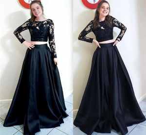 2021 Black Prom Dresses Dwie Koronki Satin Cekiny Custom Made Floor Długość Długie Rękawy Graduation Party Ball Suknia Wieczór Nosić Vestidos