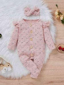 Baby-Jumpsuit mit Blumenmuster, Knopfleiste vorne, Rüschendetail und Stirnband SIE