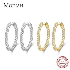 Modian Silver Sparkling Wedding Earring 925 Sterling Circle Clear CZ Orecchini a cerchio per gioielli da donna 220108