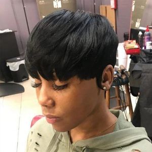 Kesim Saç Kadınlar toptan satış-Siyah Kadınlar için Peruk Pixie Kesim Kısa İnsan Saç Peruk Bob Dantel Ön Peruk Bang Ile