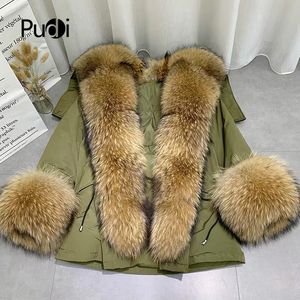 Frauen Echtpelz Parka Mantel Winter Neue Echte Waschbär Fuchs Pelz Kragen Jacke Mäntel CT950 LJ201203