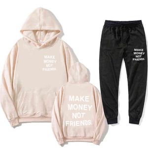 Hoodie set making money not making friends Hoodie + jogging pants men's and women's fashion letter printing couple Hoodie Sweats G1222