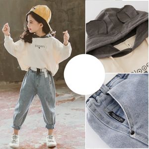 春の子供の女の子の服セットフード付きスウェットシャツルーズジーンズパンツ10 Y 2PCSスーツティーンエイジトラックスーツ子供