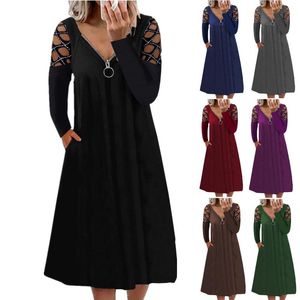 Dorywczo Dresses Hollow Out Midi Kobiety Ubrania Wiosna Jesień V-Neck Full Sleeve Sukienka Moda Zipper Party Vestido Fiesta Mujer