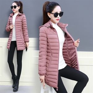 Kadınlar Kış Kapüşonlu Sıcak Ceket Ince Artı Boyutu 5XL Şeker Renk Pamuk Yastıklı Temel Ceket Kadın Orta-Uzun Jaqueta Feminina 201210
