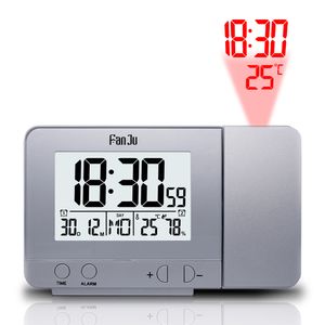 Fanju FJ3531 Digital Projetor Despertador LED Tabela Eletrônica Snooze Snooze Luz de fundo Temperatura Humidade relógio com tempo Projeção LJ200827