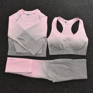 Seamless Women Sport Suit Gym Workout Clothes Sports Bar Long Sleeve Fitness Crop Top Shirs Sexy Leggings Yoga Pants Sportswear Gradient Col