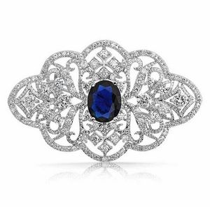 2 Inch Vintage Style Rhinestone Crystal Diamante Wedding Jewelry Brooch With Dark Blue Stone