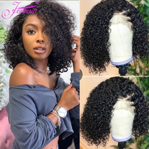 13X4 Short Hair Bob Wig Kinky Curly Pre Plucked synthetic Lace Front Wig 150%Density 16 Inches Afro Jerry Curl cheveux humain