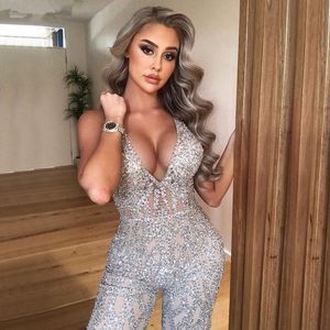Silver Nude V Neck Jumpsuit Sequined Prom Dresses Sleeveless Sparkle Pant Suit Evening Gowns Women Formal Wear