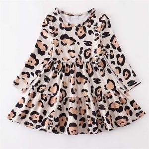 Girlymax Baby Girls Chlidren Dzieci Odzież Mleko Silk Leopard Ruffles Twill Dress Długość Długie Rękawem 211231