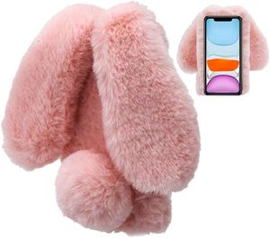 Fluffy Bunny Ear Telefonfodral för iPhone 7 8Plus XR XSMAX 11 12 13 14 15 Pro Max Warm Smooth Rabbit Fur TPU Soft Protective Cover