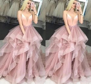 Pink 2021 Dusty Prom Dresses Spaghetti Straps Ruffles Tiered Skirt Tulle Handmade Flowers Custom Made Graduation Party Ball Gown Vestido