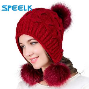 Beanie / Kafatası Kapaklar Kadın Şapka Sonbahar Kış Yün Kasketleri Şapka Üç Saç Topu Geri Açık Örgü Çift Kalın Kürk Kaput Beanie Cap
