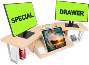 Dual Monitor STAND RIDER с выдвижным ящиком, регулируемый деревянный монитор подставки для 2 мониторов, 3 полка Компьютерный угловой монитор подставку для телевизионного принтера на рабочем столе