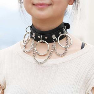 Chokers 1pc svart läder choker metall ringkedja halsband krage handgjorda goth punk smycken1