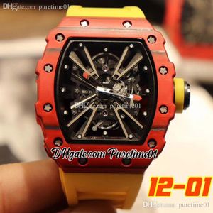 2022 Red Carbon Fiber Miyota Automatic Mens Watch Black Skeleton Dial Yellow Rubber Strap Super Edition Puretime01 1201E5