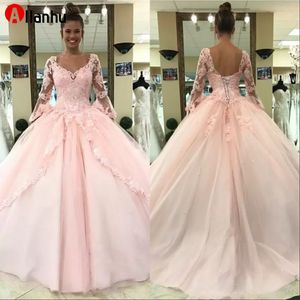 NOVO! NOVO! 2022 luz cor-de-rosa quinceanera vestido de baile de mangas compridas vestido de baile princesa doce 16 aniversário doce meninas promotor festa especial ocasião vestidos xu