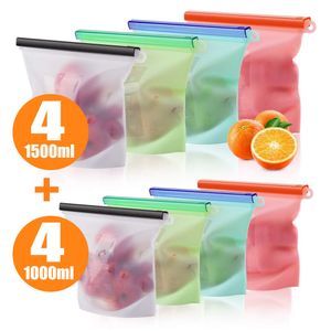 Saco de armazenamento de alimentos de silicone reutilizável 1000ml 1500ml Saco de armazenamento de silicone de silicone eco ziplock selo do congelador sacos frescos 201021