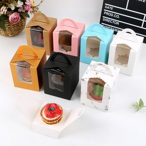 200PCS / Lot Cupcake Boxes med fönster med handtag Macaroon Box / Muffin Box 9.2 * 9.2 * 10 cm