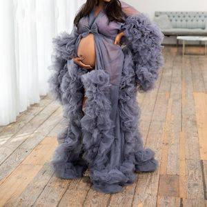灰色の妊娠中の女性のウエディングのドレスプラスサイズのフルスリーブフリルチュール妊娠中の女性ローブvestidosマタニティフォーマルイブニングドレス