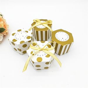 Party Supplies 10 sztuk / partia Mini Cukierki Pudełko na ślub Birthday Party Gold Round Dot Striped Hexagonal Decoration Favor Prezent Pamiątkowe 20220223 Q2