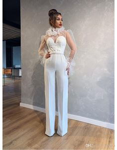 Newest Jumpsuits Evening Dresses High Neck Appliqued Long Sleeves Lace Bridal Gowns Sash Floor Length Custom Made Abiti Da Sposa
