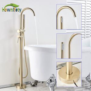 Mathed Gold Wather Floor Stand Mixer Mixer одно рукоятка Mixer Tap 360 Носик вращения с ABS Handshower Bath Mixer Push T200710