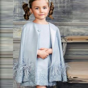 Два куска цветочные платья для цветов с куртками с длинными рукавами кружевные аппликации перья короткие мини-девочки Pageant платье синий 2021 весеннее платье