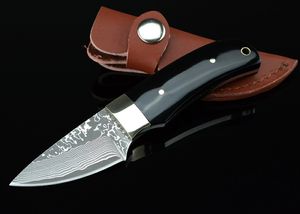 Högkvalitativ 5,6 tums Damaskus fast blad Straight Kniv VG10 Damascuss Steel Blades Resin + Brasshandtag EDC Knivar med lädermantel