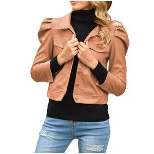 Damenjacken Schlanke PU-Kunstlederjacke Frauen Klassische Moto Biker Herbst Winter Dame Siebenviertelärmel Streetwear Manteau Femme @04