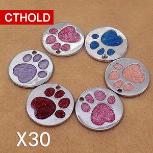 CTHOLD /lot circle dog paw shape id tag Glitter Stainless steel blank Pet supplies Collar Accessories Engraved Tell LJ201112