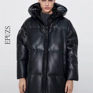 Зимнее пальто с капюшоном PU Pu Parka Женщины из искусственной кожи вниз куртка женская свободная молния пальто на молнии вскользь теплые длинные пальто 201210