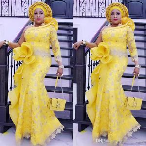 Aso Ebi Yellow Mermaid Evening Dresses With Long Sleeves Plus Size Prom Dress Ruched Formal Lace Party Gowns Custom Made Vestidos