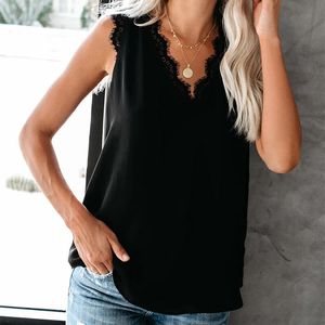 Women Casual Tank Tops V Neck Sexy Lace Trim Sleeveless Blouses Lady T Shirts Vest Summer Woman Camis
