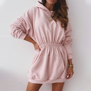 Sonbahar Kapüşonlu Kadın Tişörtü kadın Hoodies Elbise Uzun Kollu Cep Elastik Bel Hoodie Yeni Streetwear Casual Lady 201019